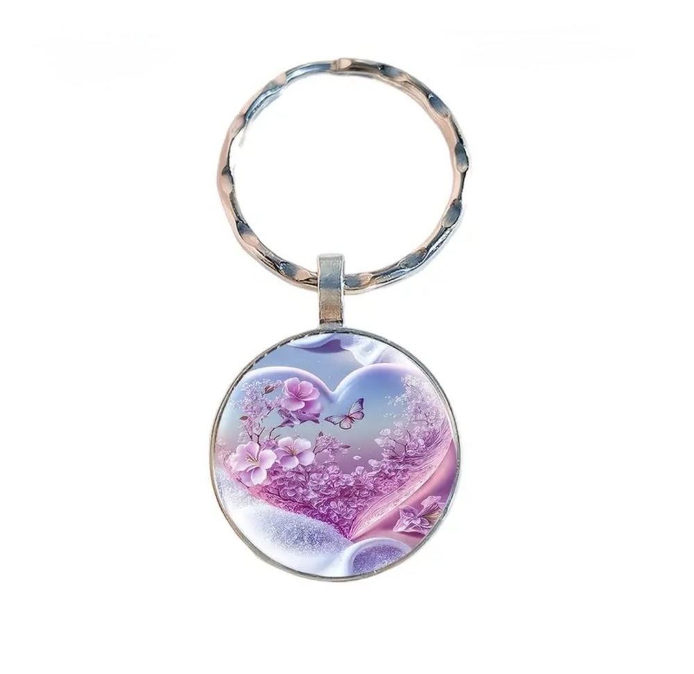 3/$25 Purple Floral Heart Stainless Steel Keychain NEW